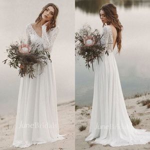 👰🏻‍♀️Boho V-neck A-line Long Sleeve Lace V-Back Wedding Dress👰🏻‍♀️NWT~4